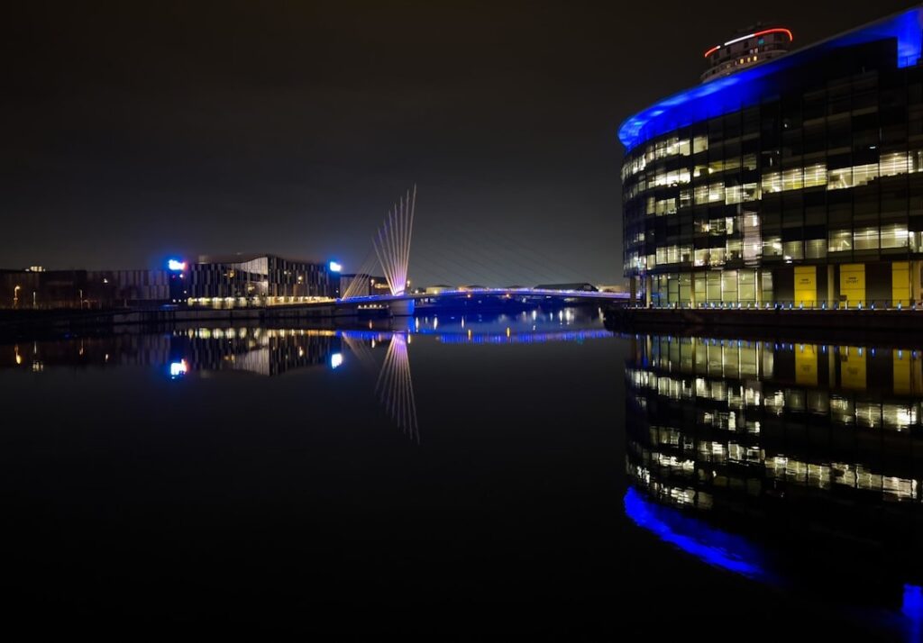 MediaCityUK Salford Quays waterfront at night, Greater Manchester